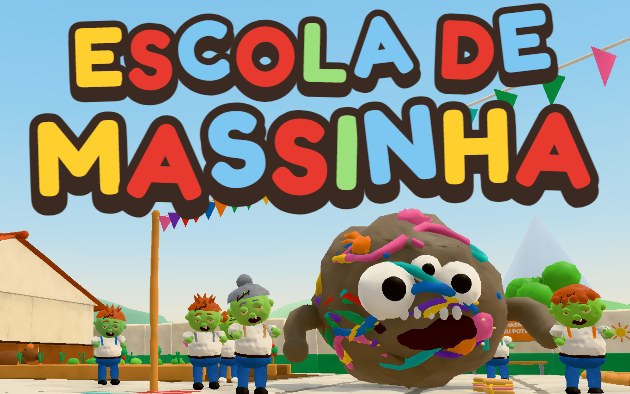 Escola de Massinha: monstro de massinha e alunos zumbis no pátio da escola